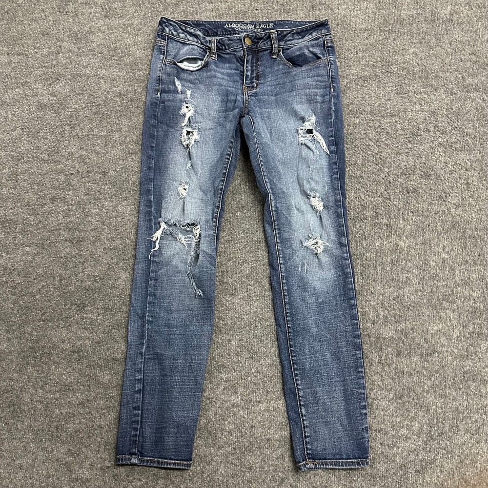 American Eagle Jeggings Womens Size 10 Blue Distressed Super Stretch Denim Jeans